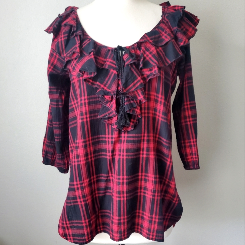 Denim & Supply Plaid Ruffle Peasant Top